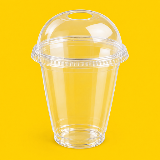 Clear rPET dome lid fitted on a 12oz smoothie cup, on yellow