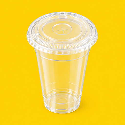 Clear PET flat lid fitted on a 12oz cold cup, on yellow
