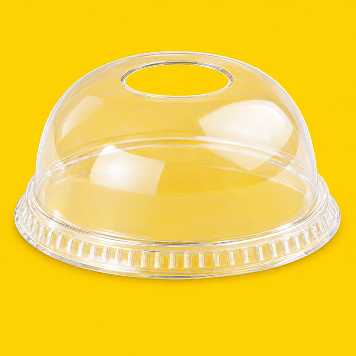 Clear rPET dome lid for smoothie cup, on yellow