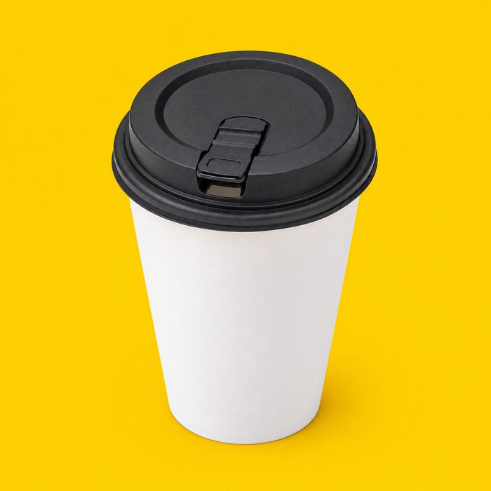 Black resealable lid fitted on a 12oz paper cup, on yellow