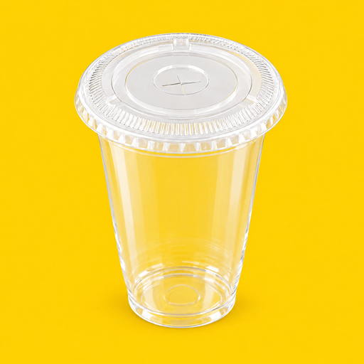 Clear rPET flat lid fitted on a 12oz smoothie cup, on yellow