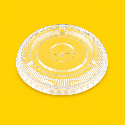 Clear PET flat lid 91mm, on yellow