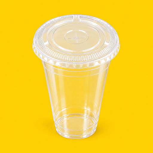 Clear PLA flat lid fitted on a 16oz PLA cold cup, on yellow