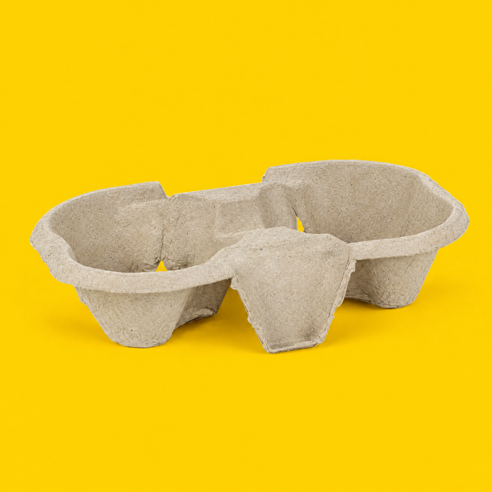 Moulded pulp 2-cup drink carrier, on yellow