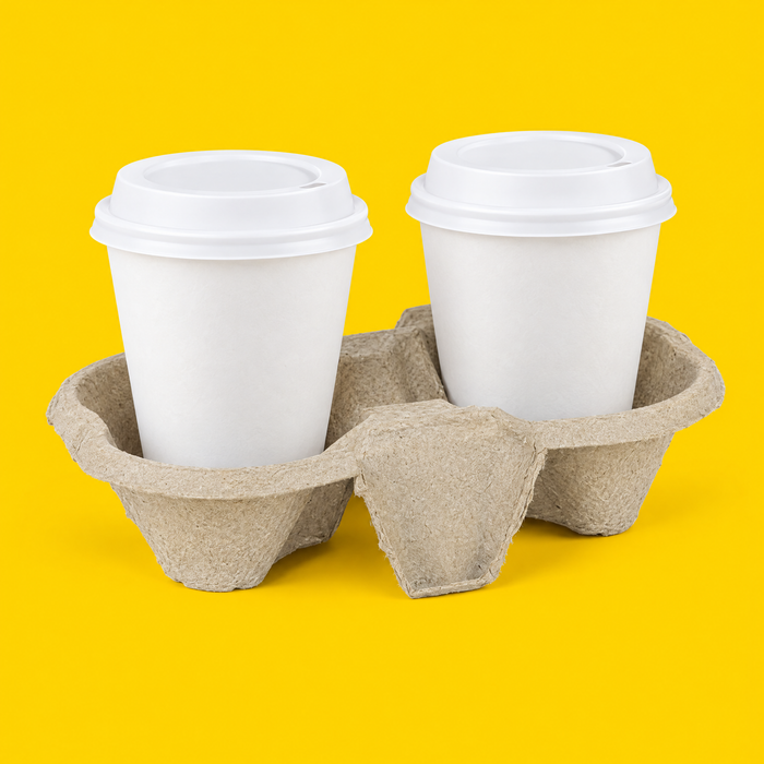 Moulded pulp 2-cup carrier holding two coffee cups, on yellow
