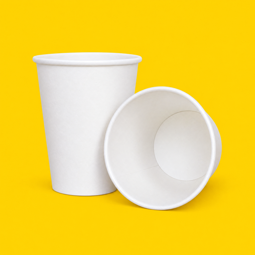 Two white paper hot cups 240ml (8oz), on yellow