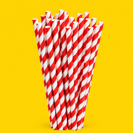 Red and white striped paper bubble straws 12mm, on yellow