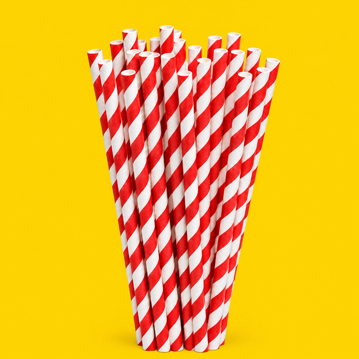 Red and white striped paper bubble straws 12mm, on yellow