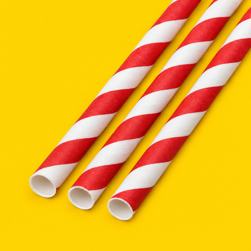 Close-up of red and white striped paper bubble straws, on yellow