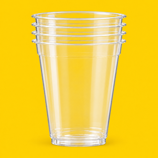Stack of clear PET smoothie cups 355ml (12oz), on yellow