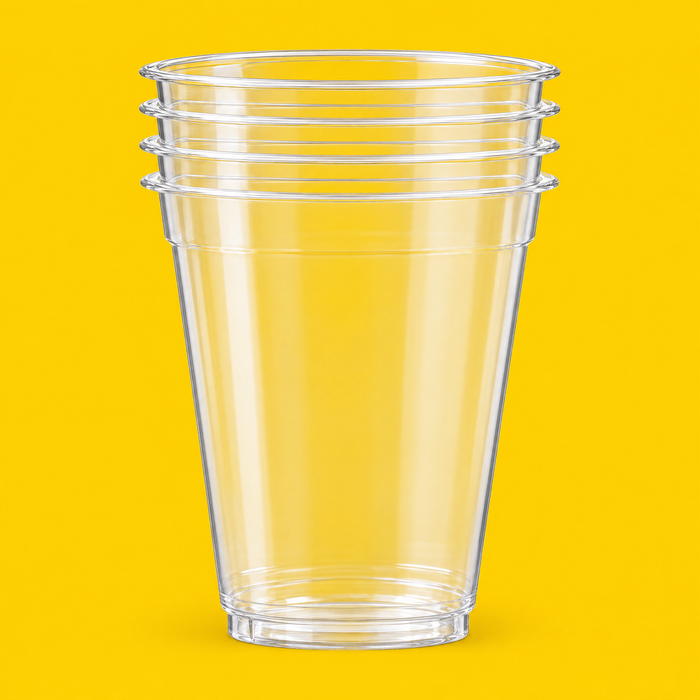 Stack of clear PET smoothie cups 355ml (12oz), on yellow