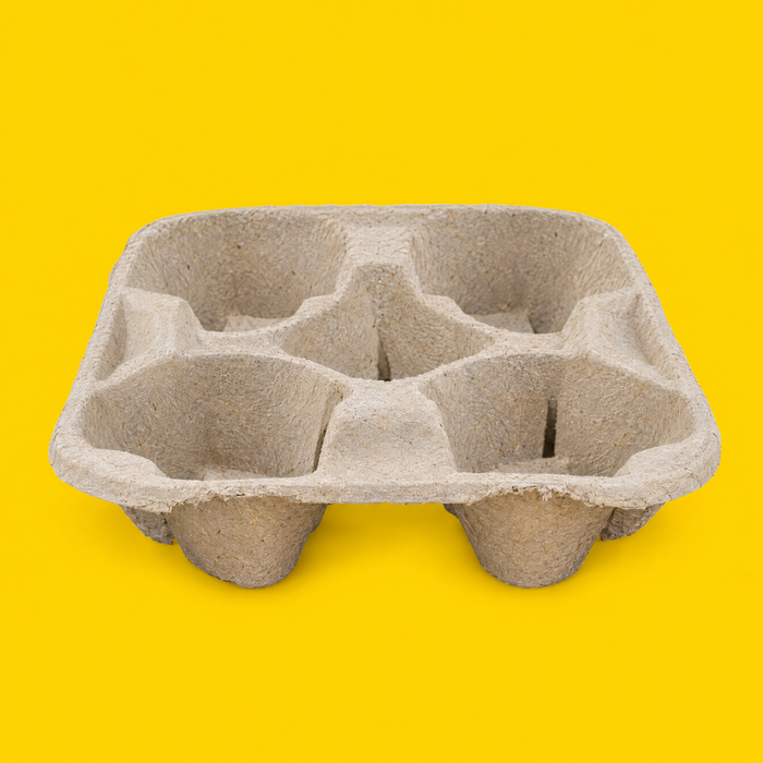 Moulded pulp 4-cup drink carrier, on yellow