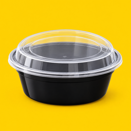 Black 7 inch round food container with clear lid, on yellow
