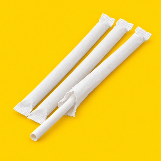Close-up of a white paper straw in its paper wrapper, on yellow