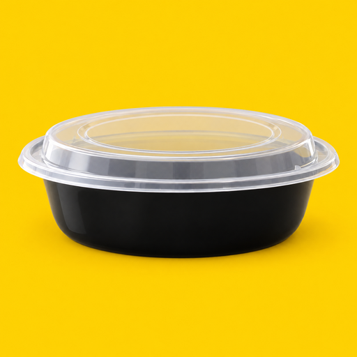 Black 9 inch round food container with clear lid, on yellow