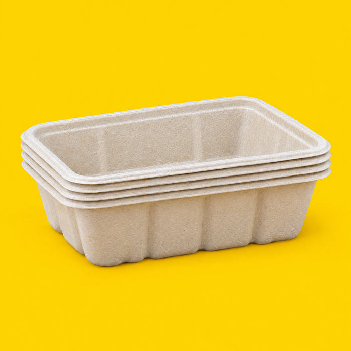 Stack of natural bagasse shallow boxes 1000ml, on yellow