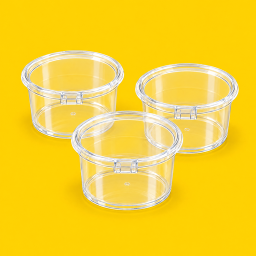 Three clear PET hinged sauce pots 120ml (4oz), on yellow