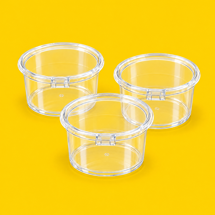 Three clear PET hinged sauce pots 120ml (4oz), on yellow