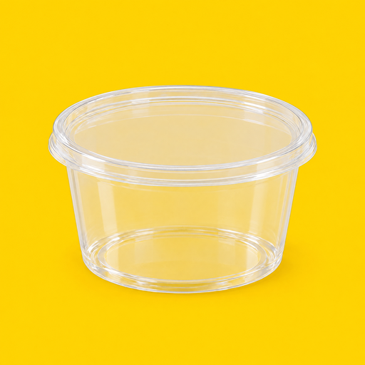 Clear PET flat lid fitted on a 473ml deli container, on yellow