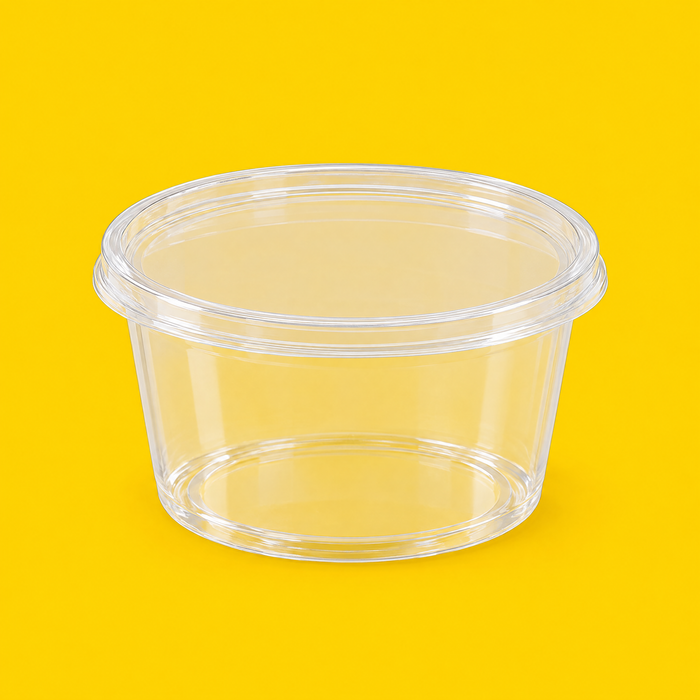 Clear PET flat lid fitted on a 473ml deli container, on yellow