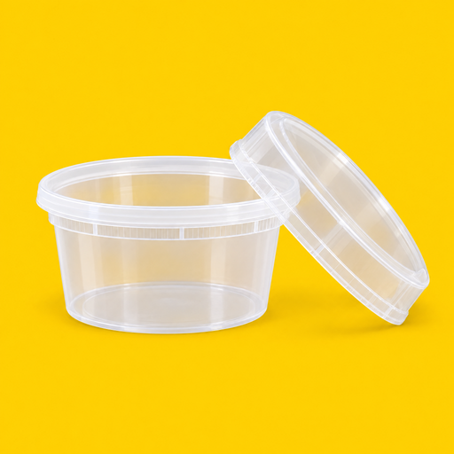 Clear PP deli cup 227ml (8oz) with its lid, on yellow
