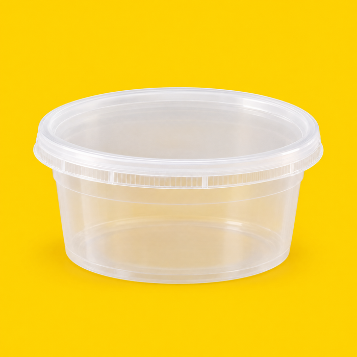 Clear PP deli cup with lid 227ml (8oz), on yellow