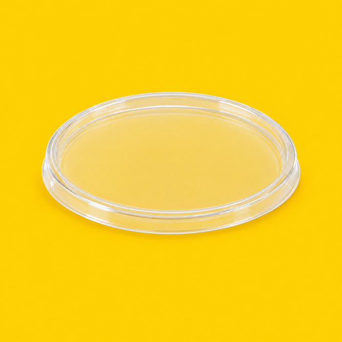 Clear PET flat lid for round deli containers, on yellow