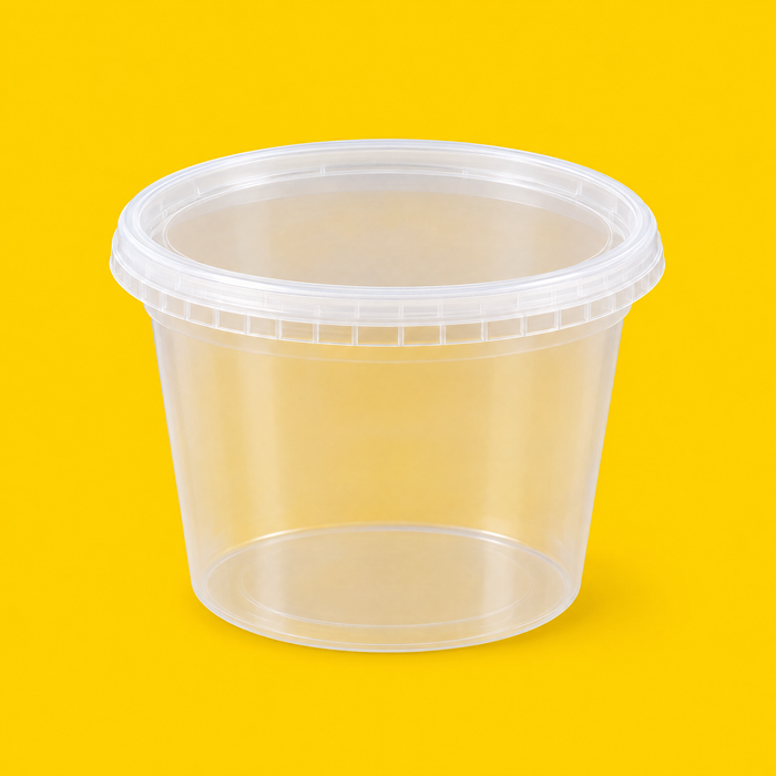 Clear PP deli cup with lid 455ml (16oz), on yellow