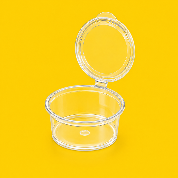 Clear PET hinged sauce pot 60ml (2oz), on yellow
