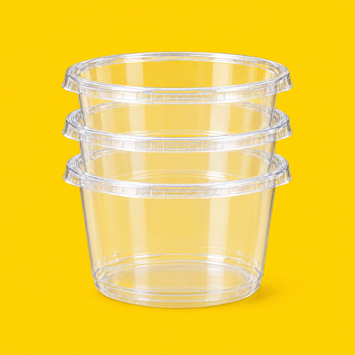 Stack of clear PET round deli containers 473ml (16oz), on yellow