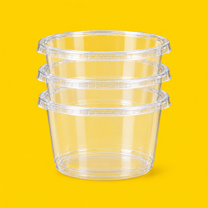 Stack of clear PET round deli containers 473ml (16oz), on yellow