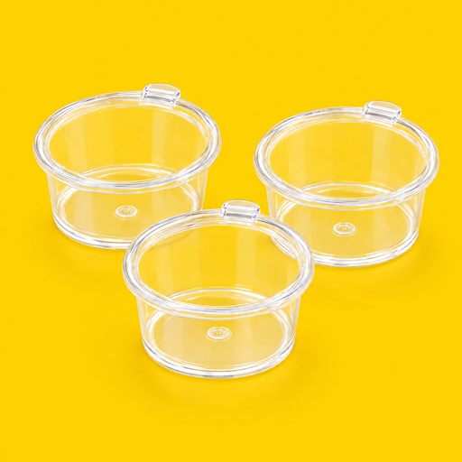 Three clear PET hinged sauce pots 60ml (2oz), on yellow