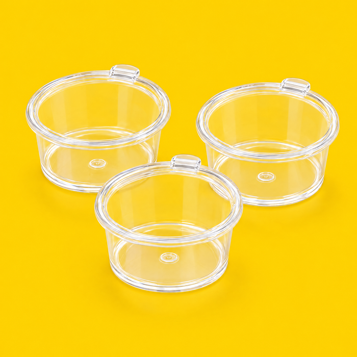 Three clear PET hinged sauce pots 60ml (2oz), on yellow