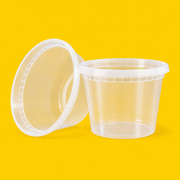 Clear PP deli cup 455ml (16oz) with its lid, on yellow