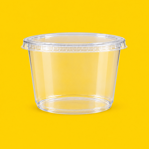 Clear PET round deli container 473ml (16oz), on yellow