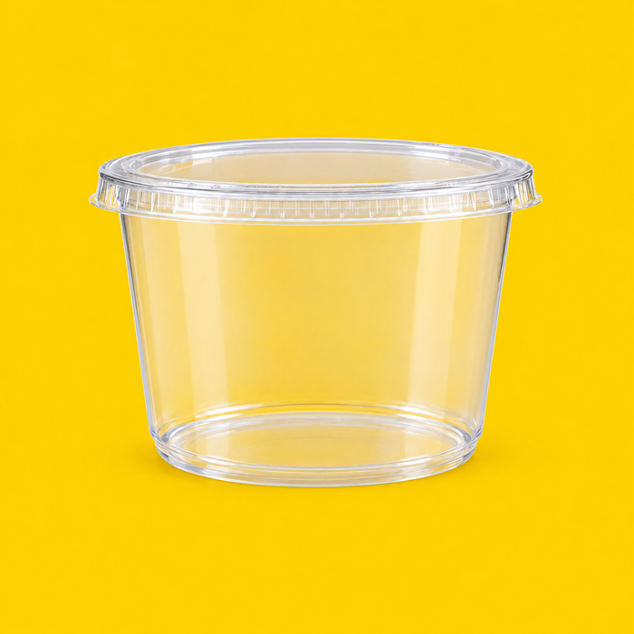 Clear PET round deli container 473ml (16oz), on yellow