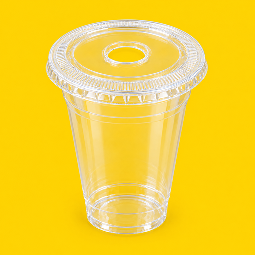 Clear PET flat lid with large straw hole fitted on a 12oz cold cup, on yellow