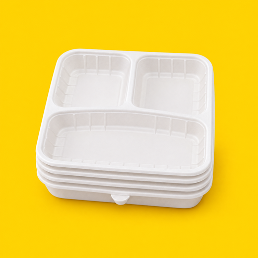 Stack of white 3-compartment bento box bases, on yellow