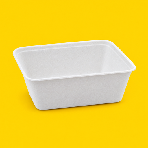 White bagasse rectangular tray 650ml, on yellow