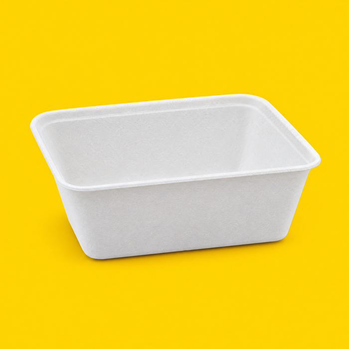 White bagasse rectangular tray 650ml, on yellow