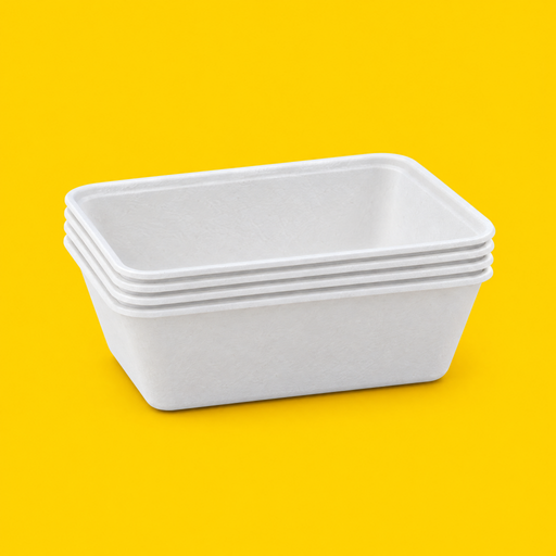 Stack of white bagasse rectangular trays 650ml, on yellow