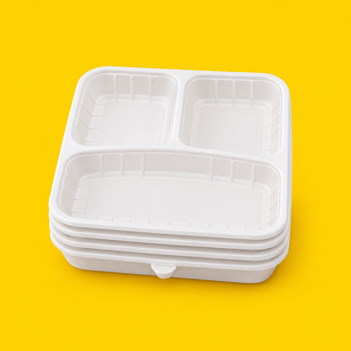 Stack of white 3-compartment bento box bases, on yellow