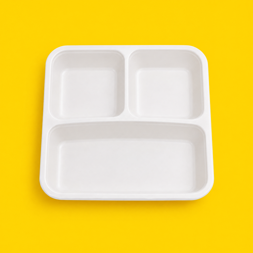 White 3-compartment bento box base, on yellow