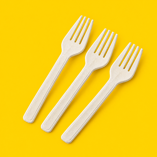 Three natural bagasse forks 162mm, on yellow