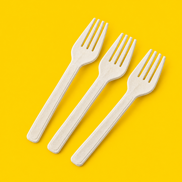 Three natural bagasse forks 162mm, on yellow