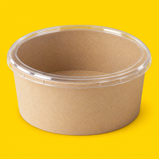 Clear PP lid fitted on a 1300ml kraft salad bowl, on yellow