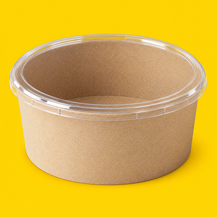 Clear PP lid fitted on a 1300ml kraft salad bowl, on yellow