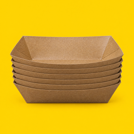 Stack of small kraft boat food trays, on yellow
