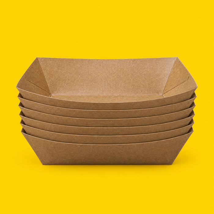 Stack of small kraft boat food trays, on yellow