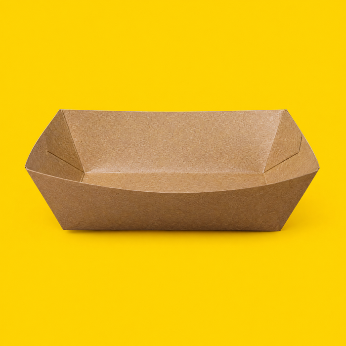 Small kraft boat food tray, on yellow